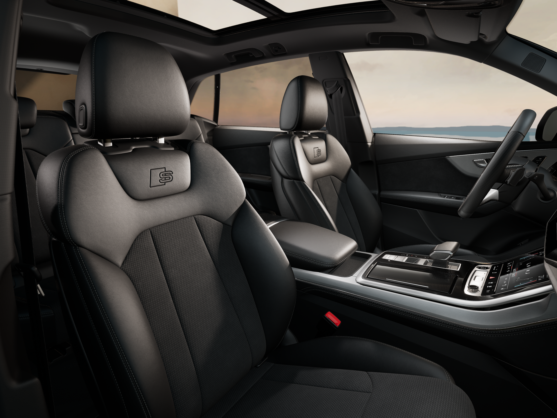 Audi Q8 50 TDI quattro S-line. Nový facelift naftového SUV coupé. Nové auto skladem ihned k předání. Černá metalíza s černou alcantarou v plné výbavě. VIP super cena. Nákup online. AUTOiBUY.com